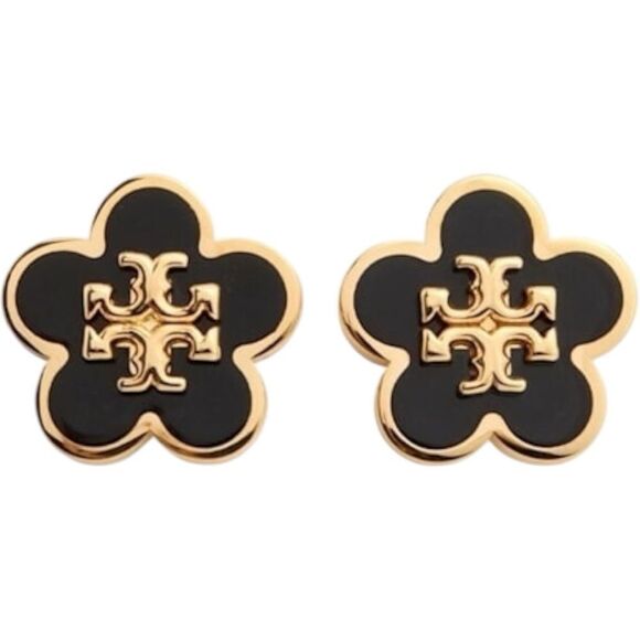 Designer Inspired Tory Black Gold Stud Earrings - Picture 2 of 8